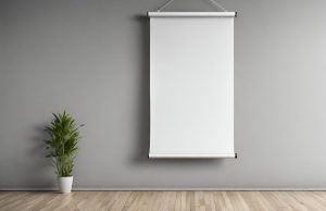 Photo d'un kakemono publicitaire vierge suspendu à un mur